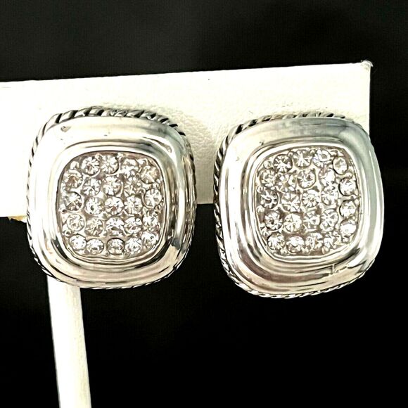 Vintage Jewelry - Vintage 1980s Clip On Earrings Square Pave Crystal Silver Tone - 11O